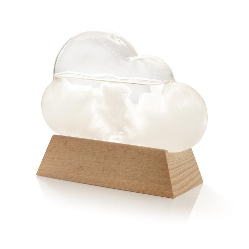 An Albi Cloud Weather Station on a wooden base that serves as a unique weather forecast display, accurately reflecting atmospheric fluctuations.