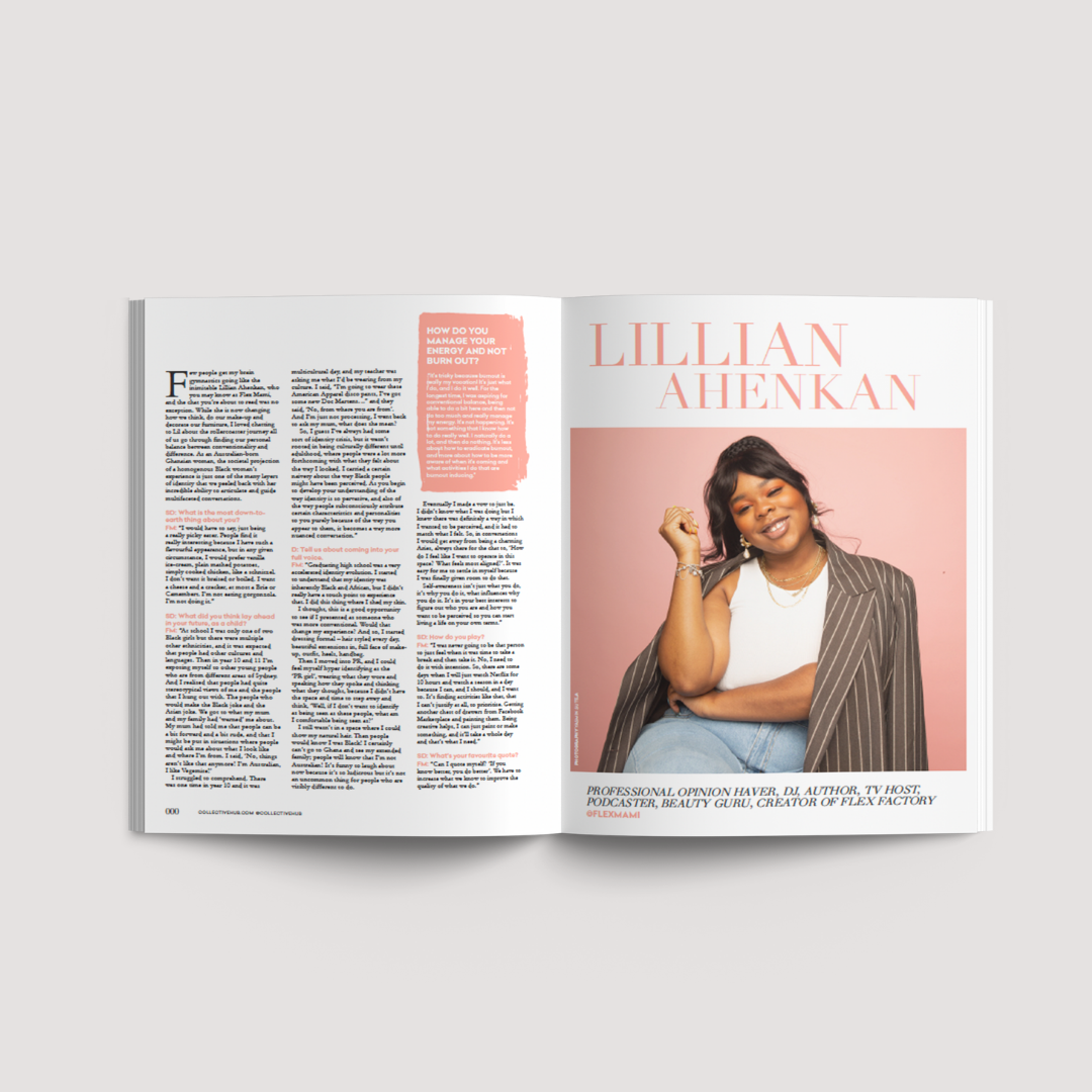 Collective Issue 55 interview spread with a portrait on a pink background