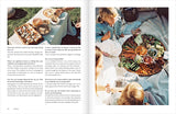 A spread from a magazine showcasing Al Fresco | Inspired Ideas for Outdoor Living with pictures of food on an outdoor table surrounded by family and friends, brought to you by Books.