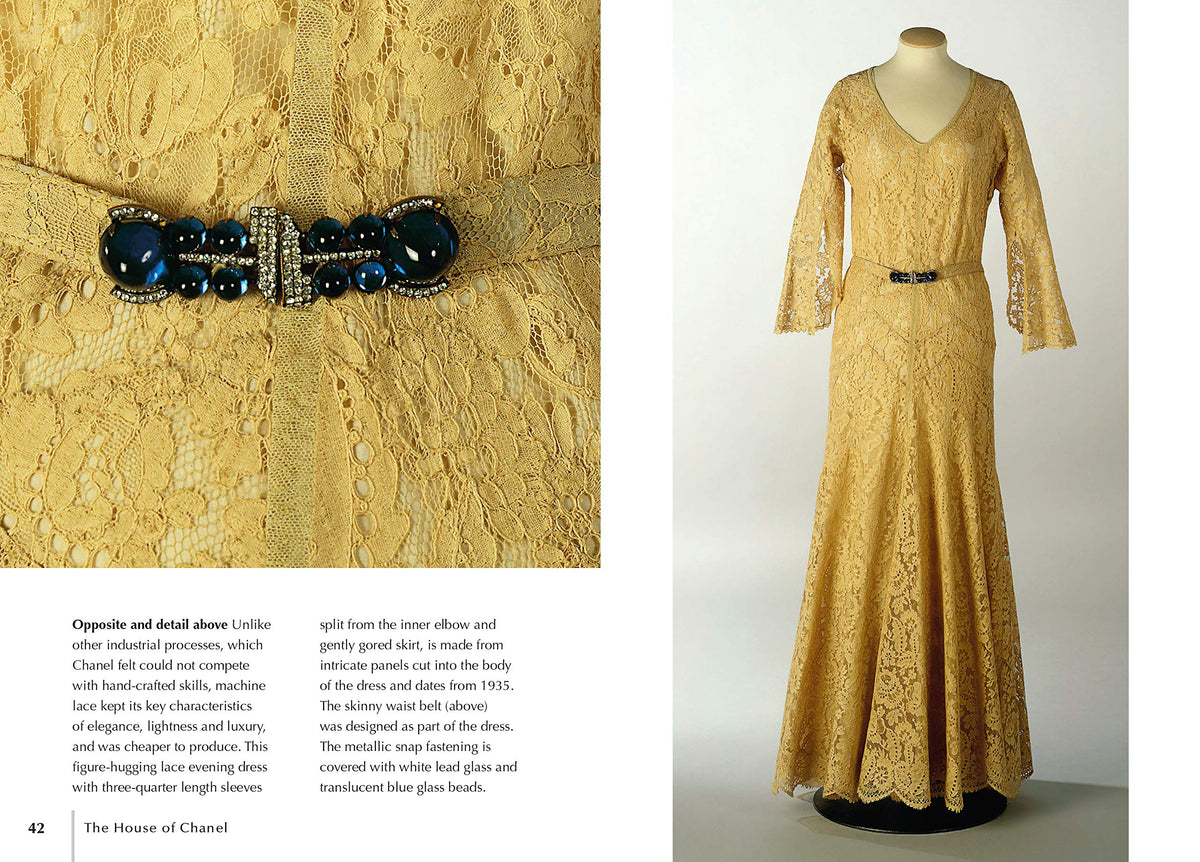 Spread showing a gold lace dress and a close-up of its beaded belt