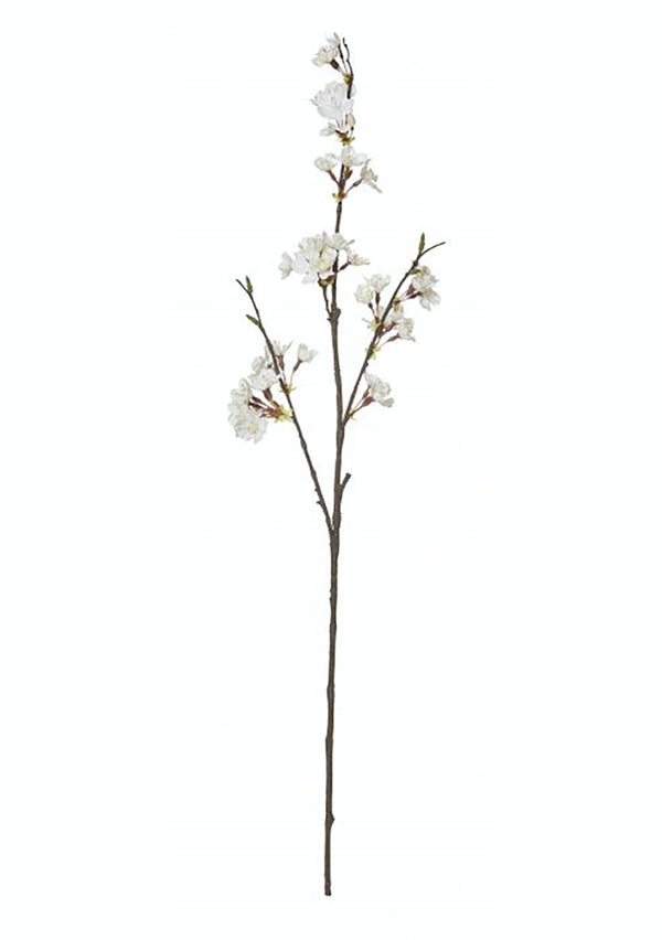 A Cherry Blossom Spray White on a twig amid lush greenery, creating a beautiful floral styling against a pristine white background by Artificial Flora.