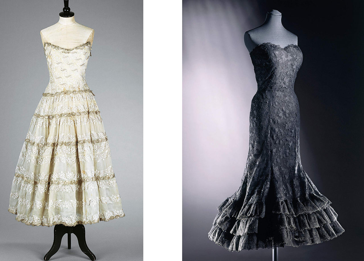 Spread showing a cream tiered Chanel gown and a black beaded evening gown on mannequins