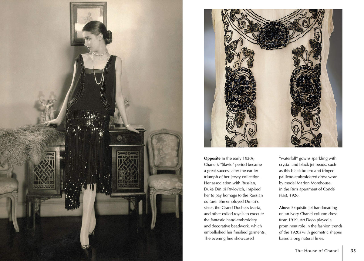 Spread with a woman in a beaded black flapper dress and a detail of the beading