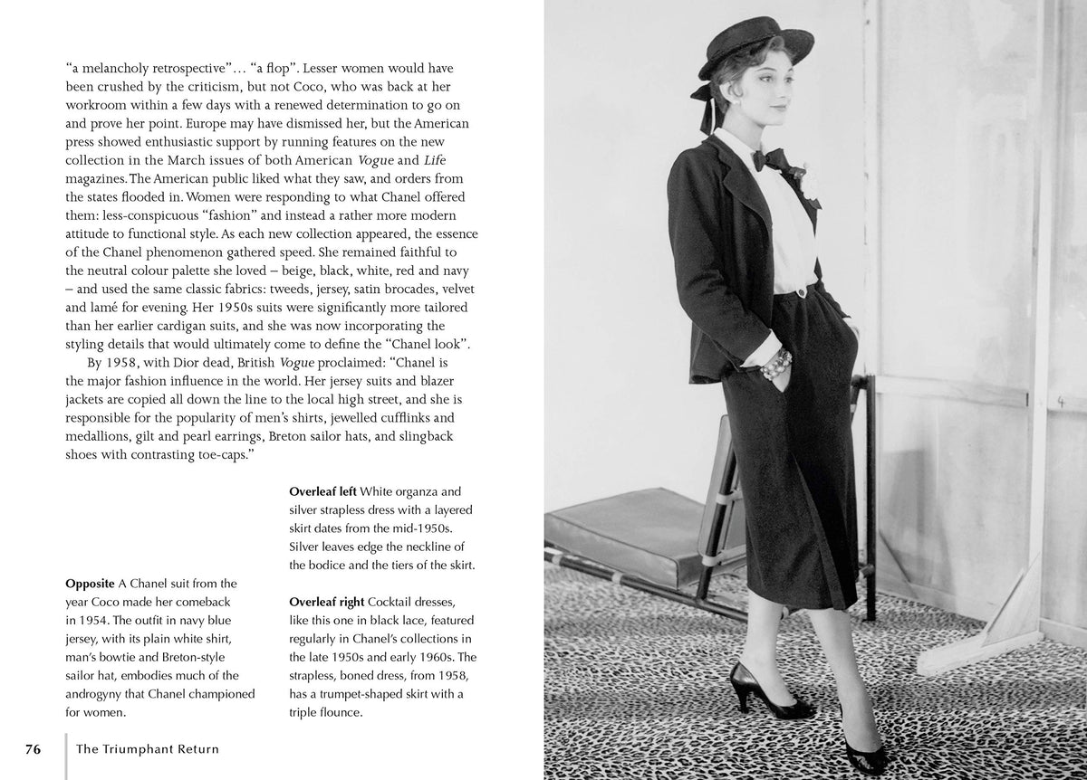 Spread with text and a black and white photo of Coco Chanel in a tailored suit