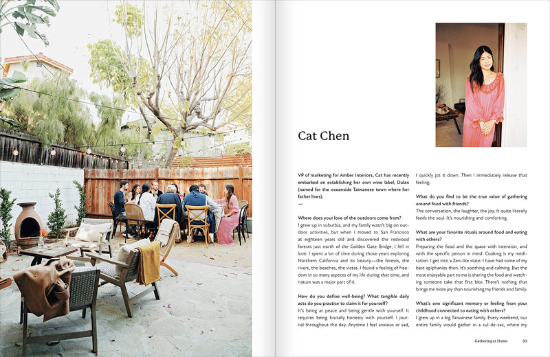 A page from a magazine showcasing an Al Fresco Inspired Ideas for Outdoor Living gathering of family and friends engaged in outdoor activities at a party.