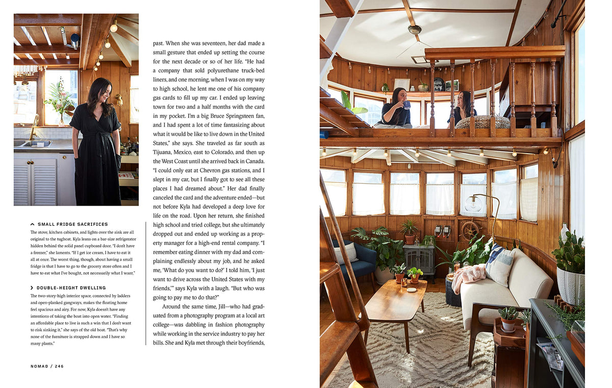 Nomad page spread showing a tiny house interior
