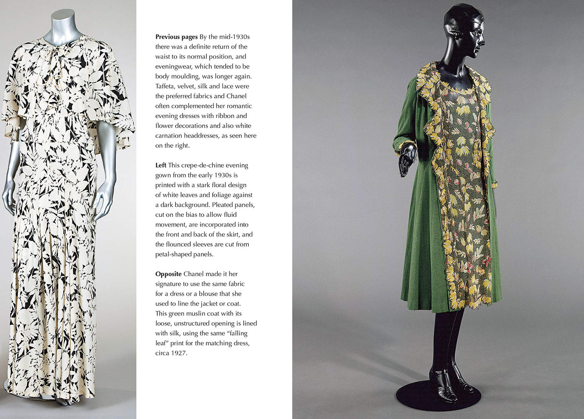 Spread showing a printed day dress and a green coat dress on mannequins
