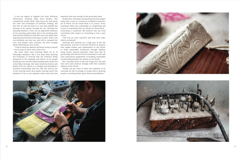 A spread of Spirit | Conversations With Creative Women magazine featuring pictures of different types of tools alongside design books and lifestyle books by Books.