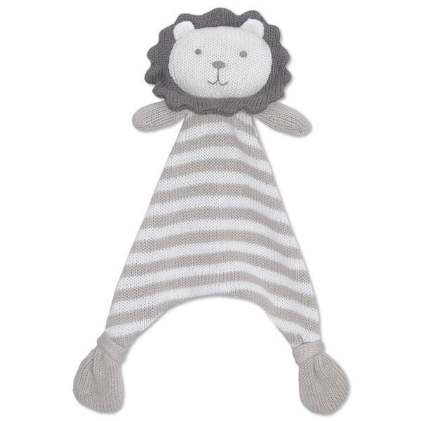 A Living Textiles knit security blanket (Austin the Lion) - 36 x 29cm, grey and white striped lion toy on a white background, serving as a comforting constant companion.