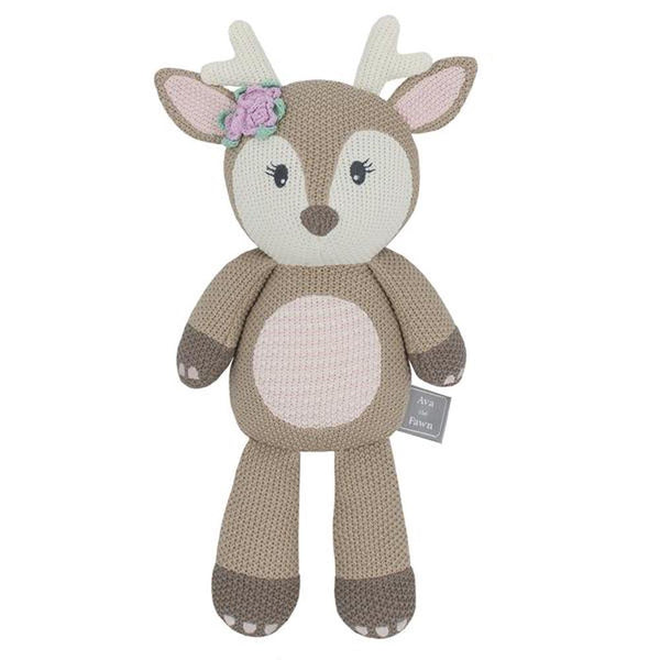 A Living Textiles Whimsical Knitted Toy (Ava the Fawn) with embroidered details.