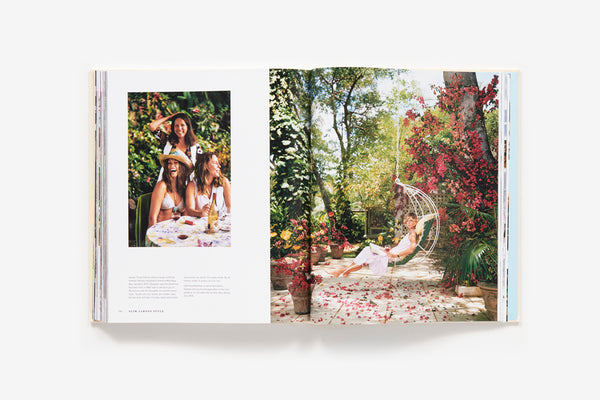 A Slim Aarons: Style book with a woman sitting on a swing in a garden.