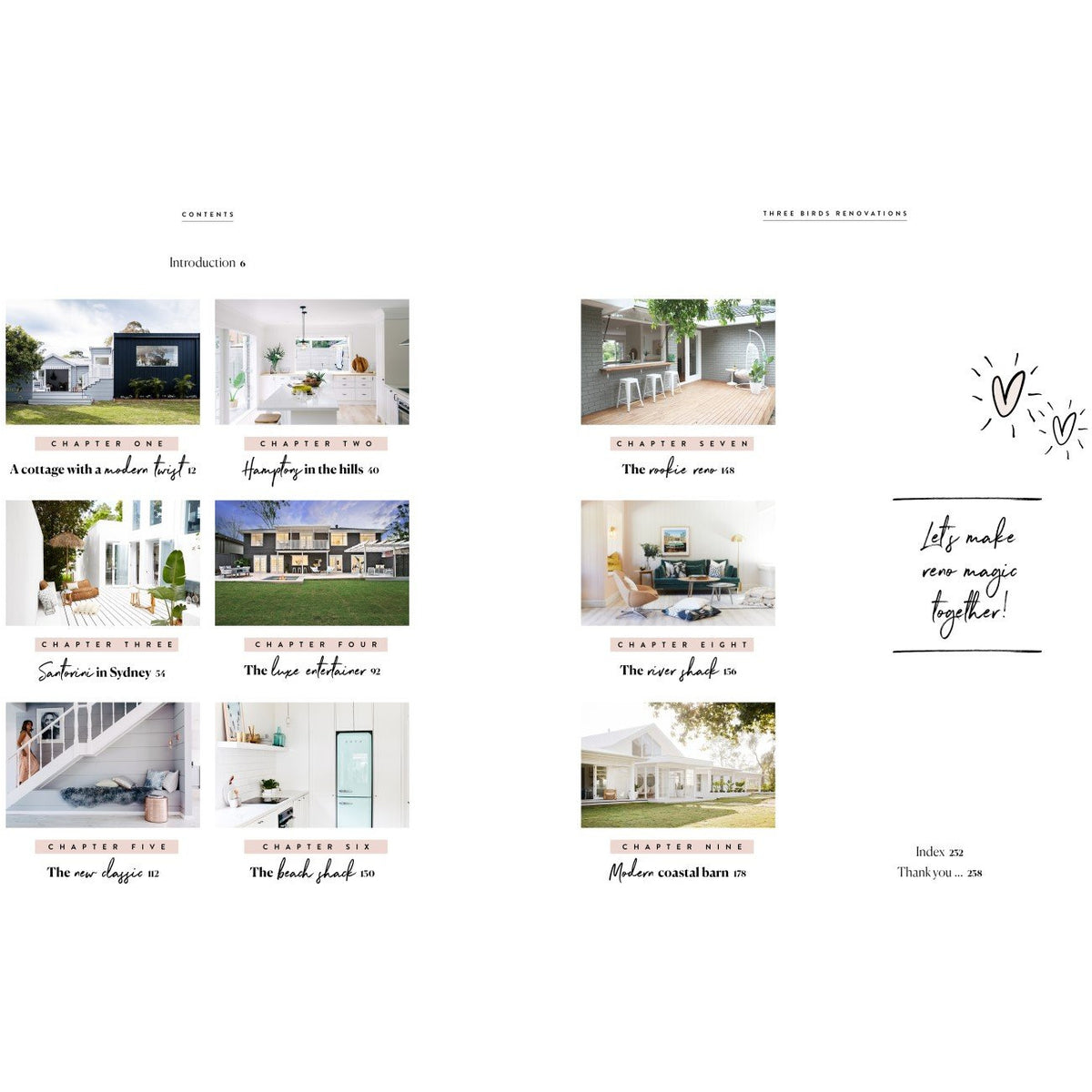 Three Birds Renovations book showing before and after house transformations