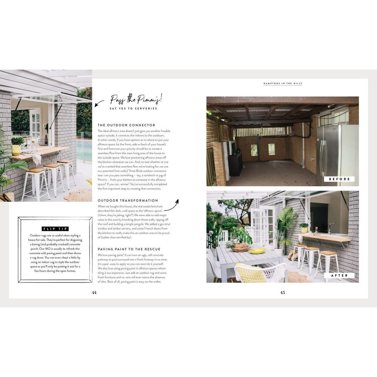 Page spread from Three Birds Renovations showing a renovated kitchen and outdoor area