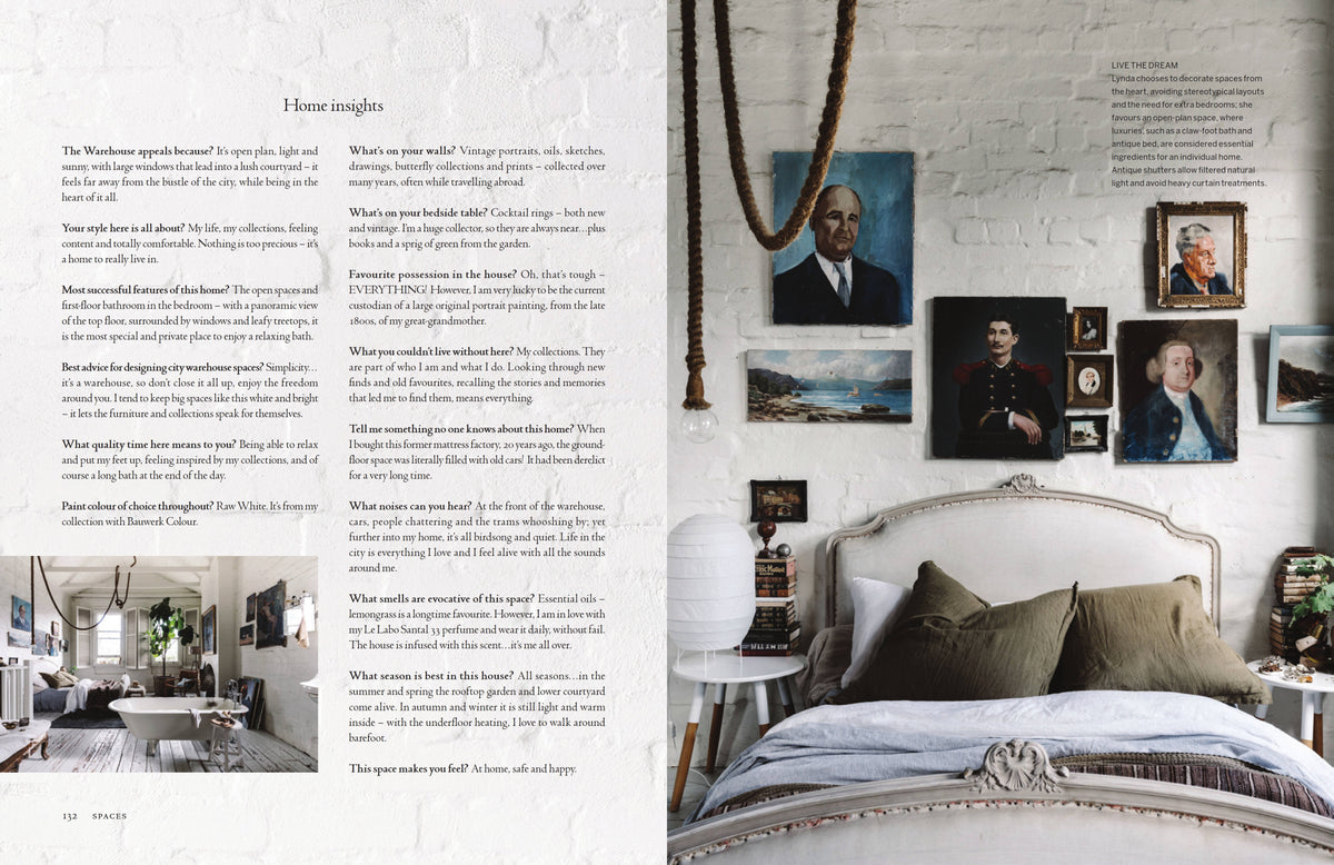 Curate spread with essay text and a bedroom with a grey headboard below a gallery of portraits