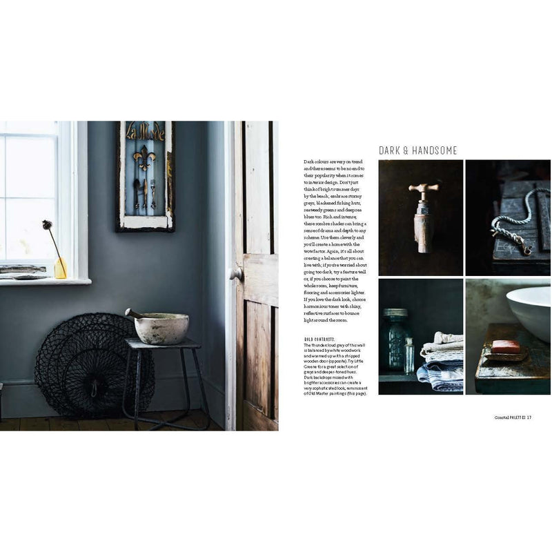 A Books page showcasing a bathroom with black walls, adding a touch of Relaxed Coastal Style Book | Sally Denning.