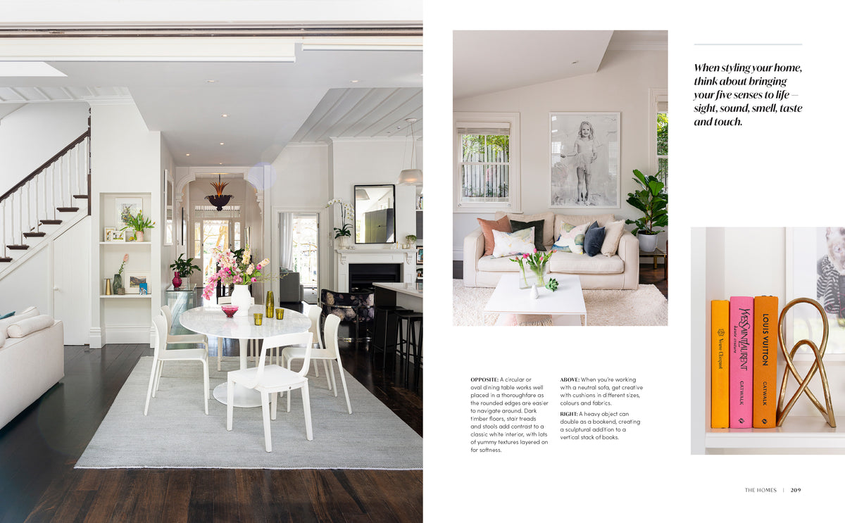 Live Luxe book page spread showing a renovated living room