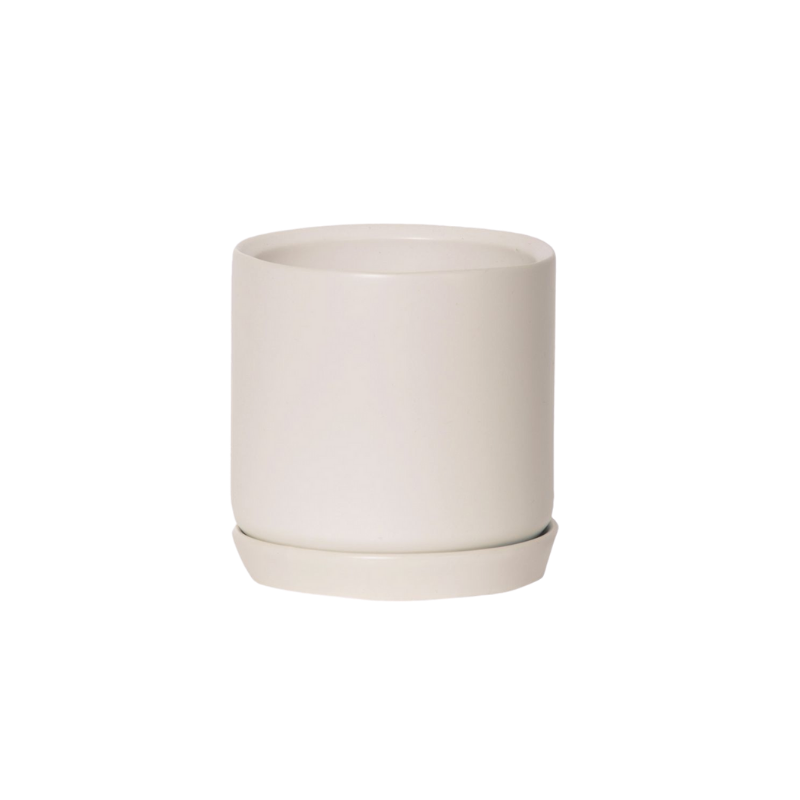Oslo Parchment stoneware planter with matching saucer and drainage hole, soft parchment cylindrical pot