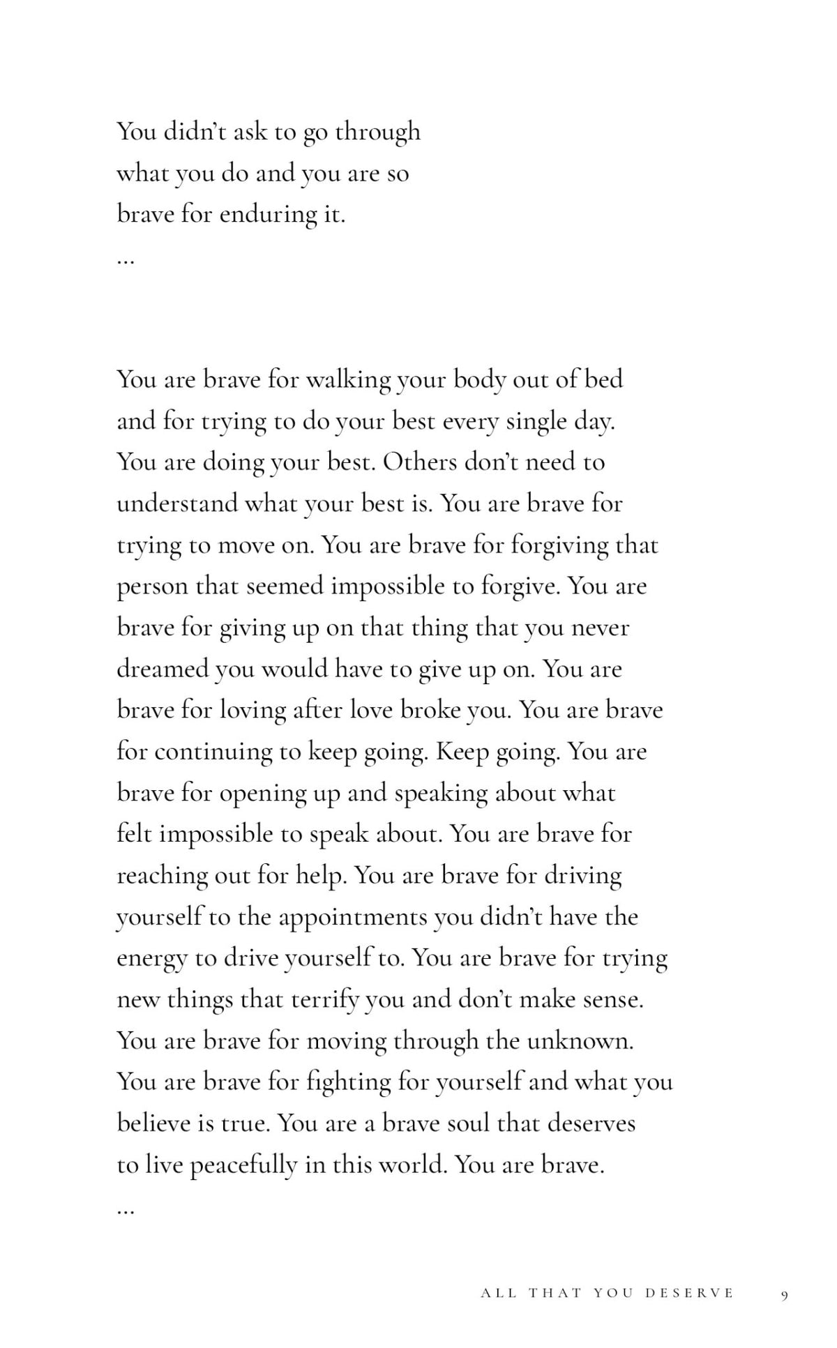 A healing poem on a black and white page in the "All That You Deserve | Jacqueline Whitney" design book by Thought Catalog.