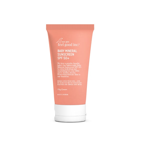 A tube of Baby Mineral Sunscreen SPF 50+ by We Are Feel Good Inc. in pink for babies with SPF 30.
