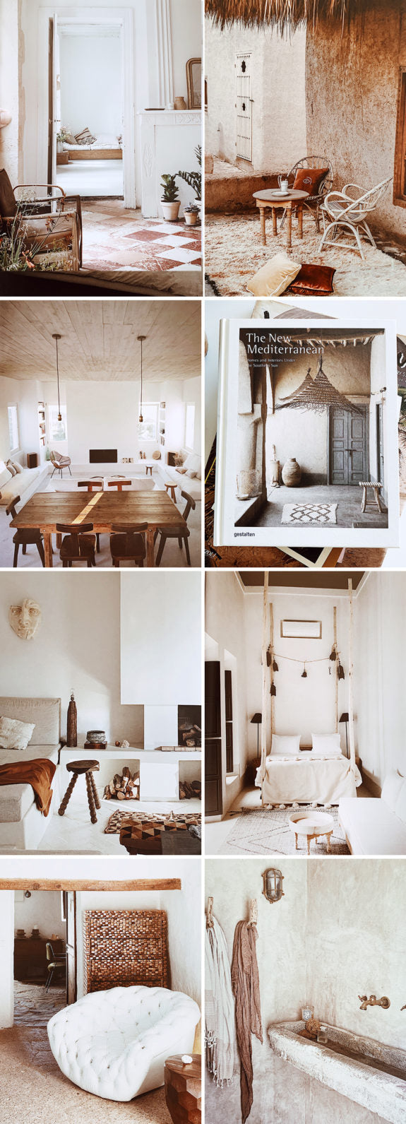 A collage showcasing different rooms in a home with The New Mediterranean aesthetics, highlighting interior design and minimalism by Gestalten.
