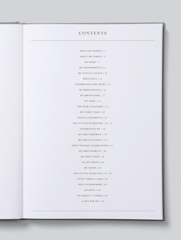 Open Write To Me Baby journal showing the contents page