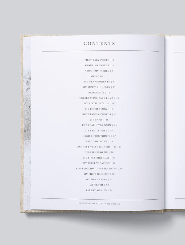 Contents page of the Write To Me boxed Baby Journal listing the sections of the first year
