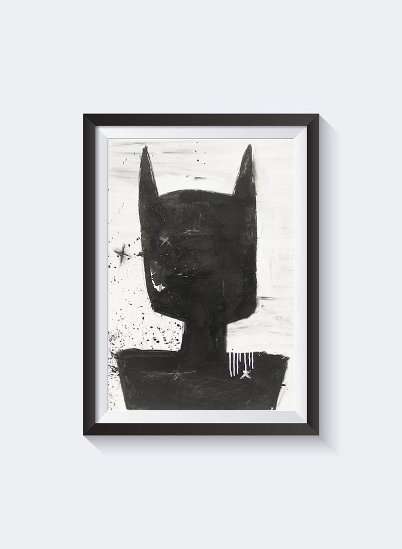 Back print, a black ink figure with a pointed eared cowl seen from behind, in a black frame on grey