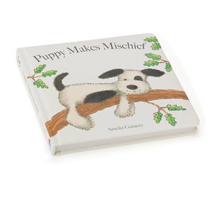 Cheeky babies enjoy Jellycat's Puppy Makes Mischief Book, a delightful board book.