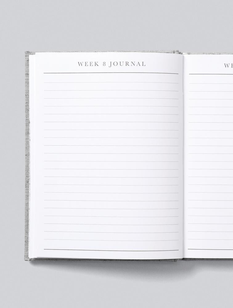 Lined weekly journal pages of the Bump pregnancy journal on a grey background