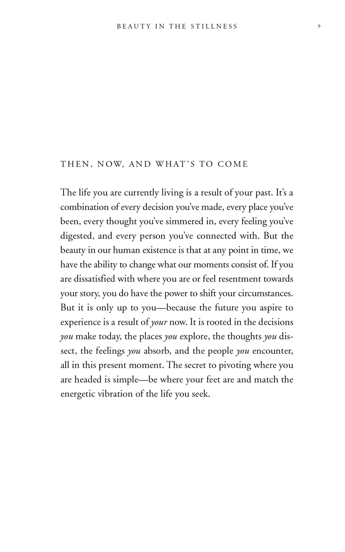 A black and white page with the words 'Beauty in the Stillness' by Thought Catalog.