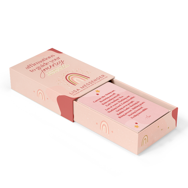 A Collective Hub pink box with a Collective Hub pink card containing Affirmations to Guide Your Journey Box Card Set.