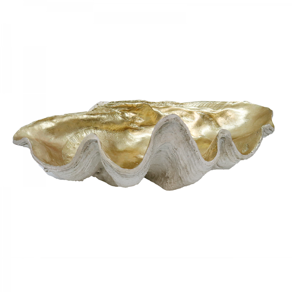 Champagne clam shell bowl with a white exterior and metallic champagne interior on a white background