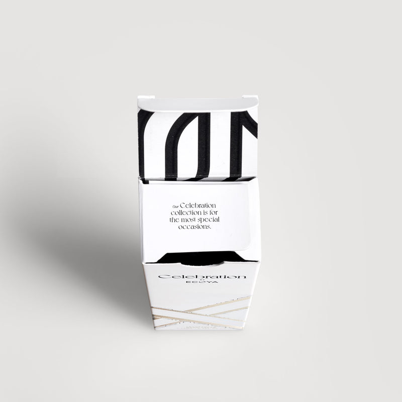 A black and white box with an Ecoya Celebration | White Musk & Warm Vanilla Hand Cream design.