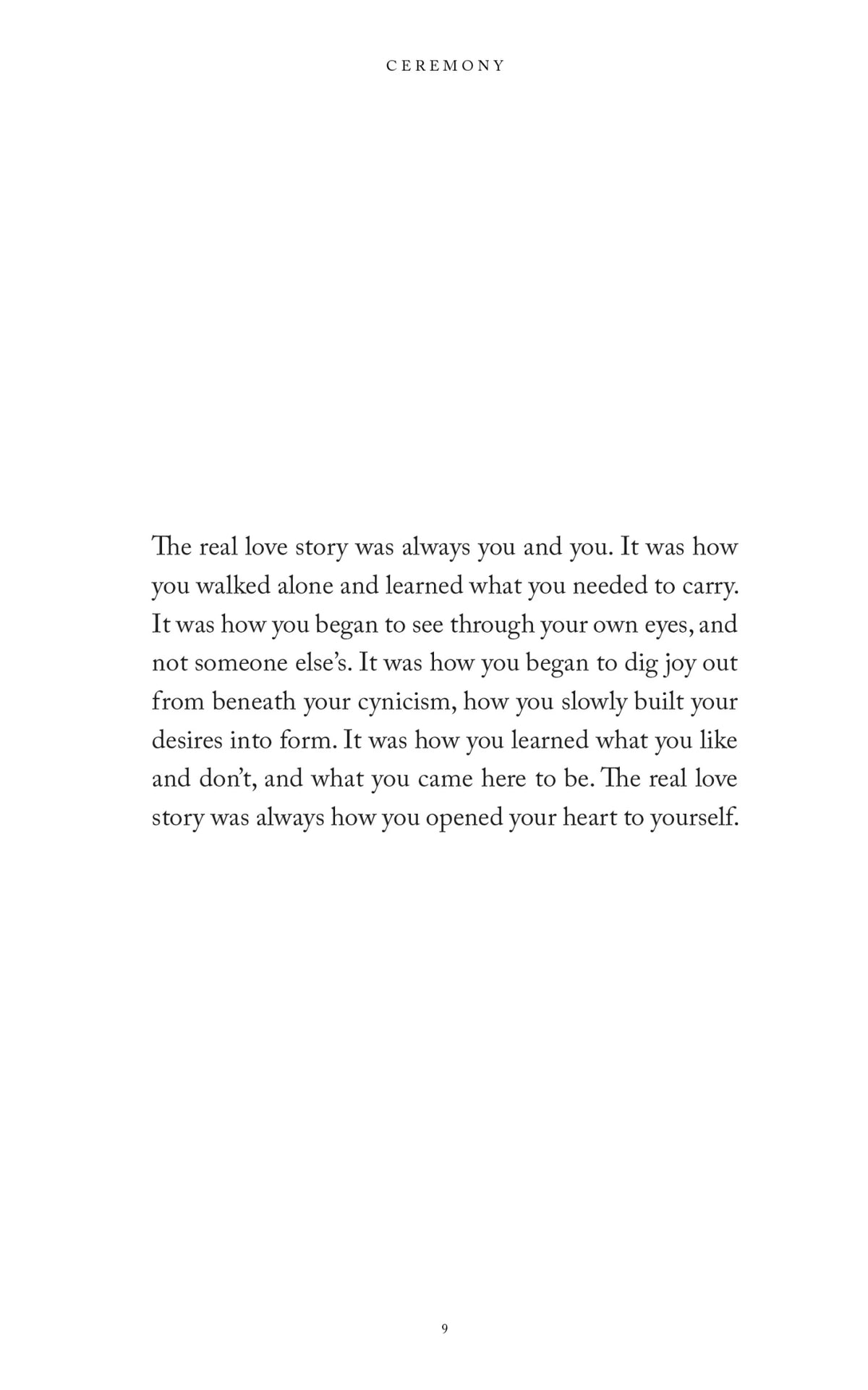A black and white page with a quote on it in the Ceremony | Brianna Wiest design book from Thought Catalog.
