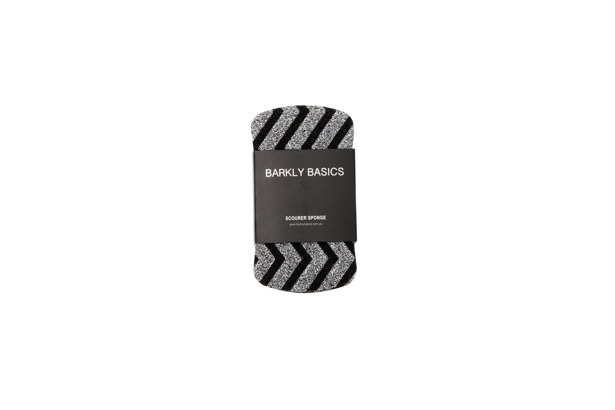 Barkly Basics Chevron Scourer Sponges in black and white, on white
