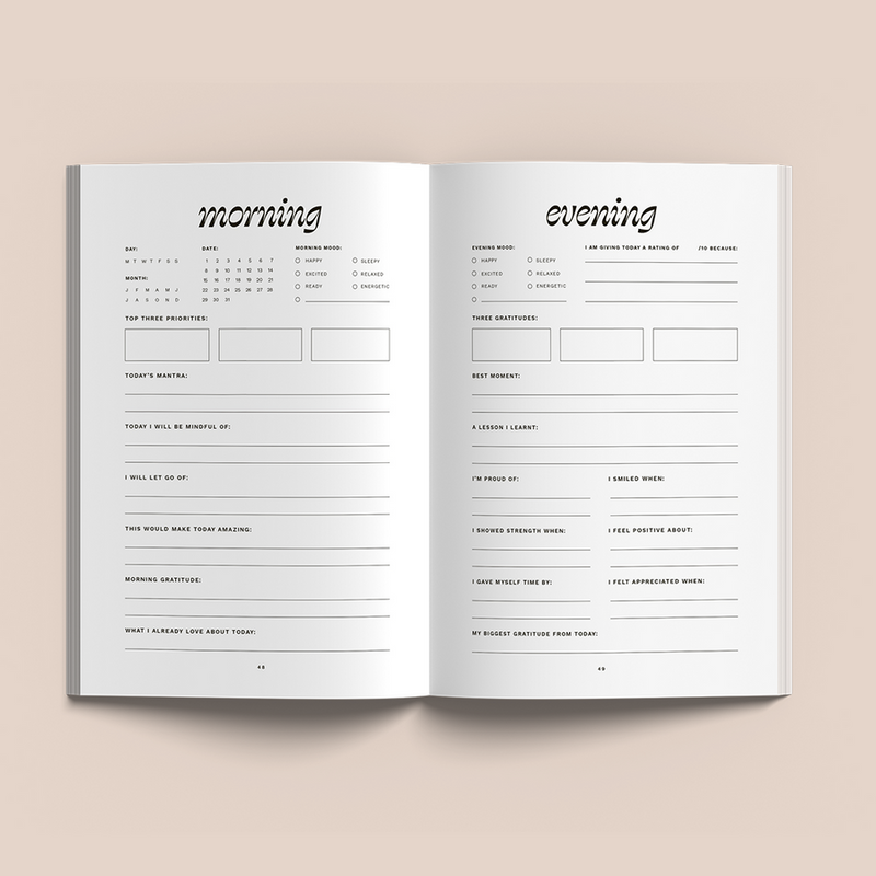An open Daily Gratitudes Version 2 journal notebook with the word 'evening' written on it, by Collective Hub.