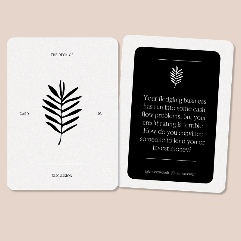 A black and white Deck of Discussion with a leaf on it, perfect for interesting discussions and as a unique business conversation starter by Collective Hub.