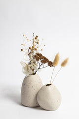 Two Harmie Vase - Seed Grey, handcrafted by Vietnamese artisans, showcasing dried flowers with organic seed-like shapes on a pristine white surface. (Brand: Ned Collections)