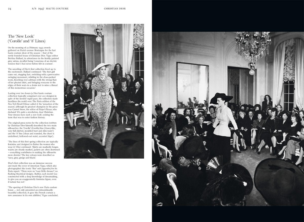 A magazine spread showing a woman in a Dior Catwalk: The Complete Fashion Collections hat and a woman in a Dior Catwalk: The Complete Fashion Collections dress.