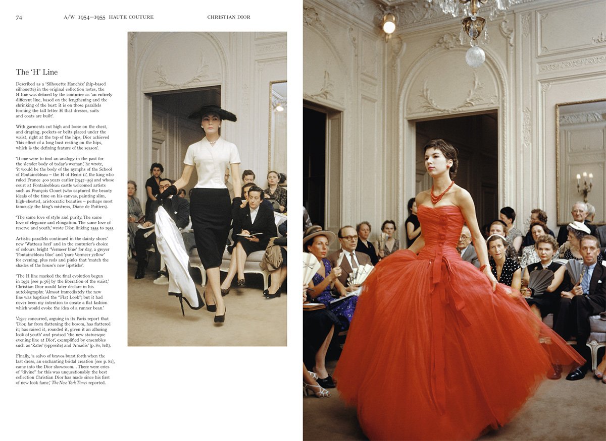 A fashion spread with a woman in "Dior Catwalk: The Complete Fashion Collections" dress and hat.