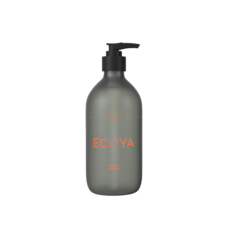 A fragrance-filled bottle of Ecoya Hand and Body Wash on a sleek black background, inspired by Scandinavian design.