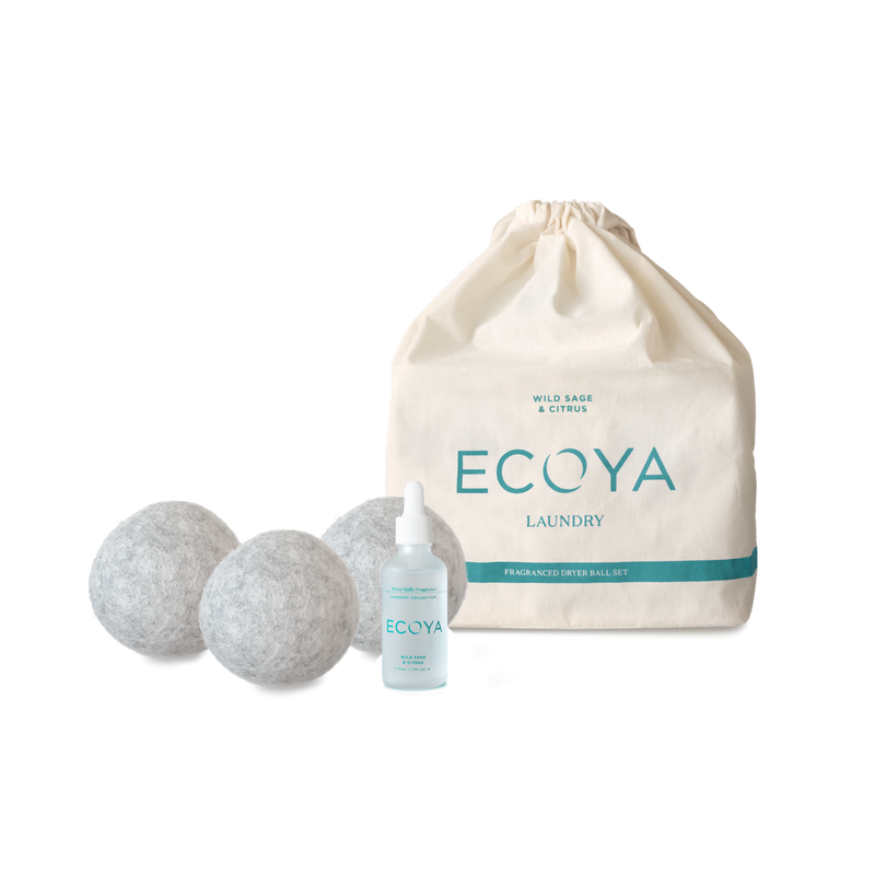 Scandinavian-inspired Ecoya Laundry | Dryer Ball Set with fragrant white balls and a bag, perfect for gifts.