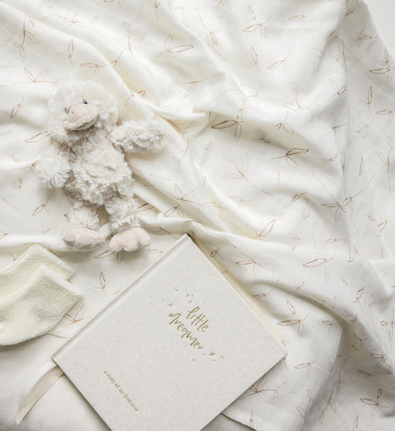 A Little Dreamer baby journal featuring a CLOUD CREAM teddy bear and a book on a bed, perfect for baby showers.
