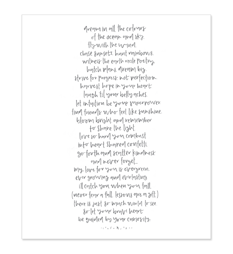 A black and white nursery print with a poem from the Little Dreamer | Baby Journal.