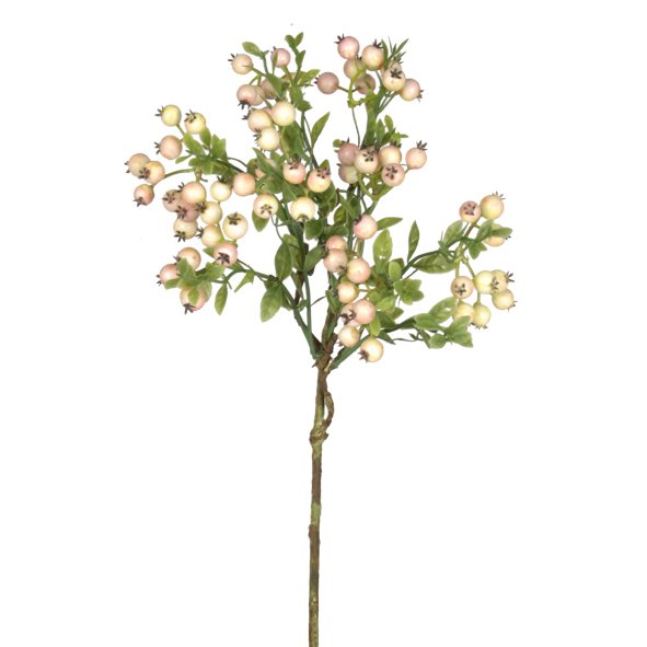 A small bunch of Rattan Berries - Blush Pink on a stick, providing low maintenance greenery from the Artificial Flora brand.