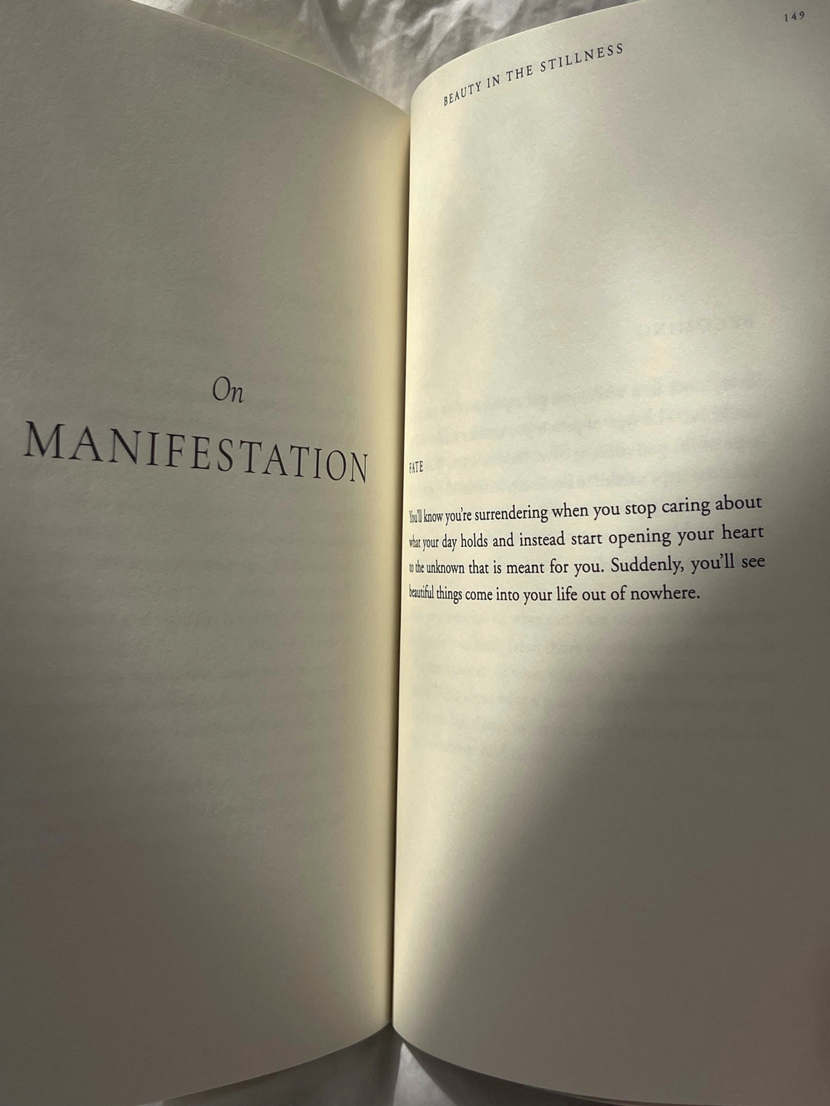 An open book with the words "Beauty in the Stillness" on it, by Thought Catalog.