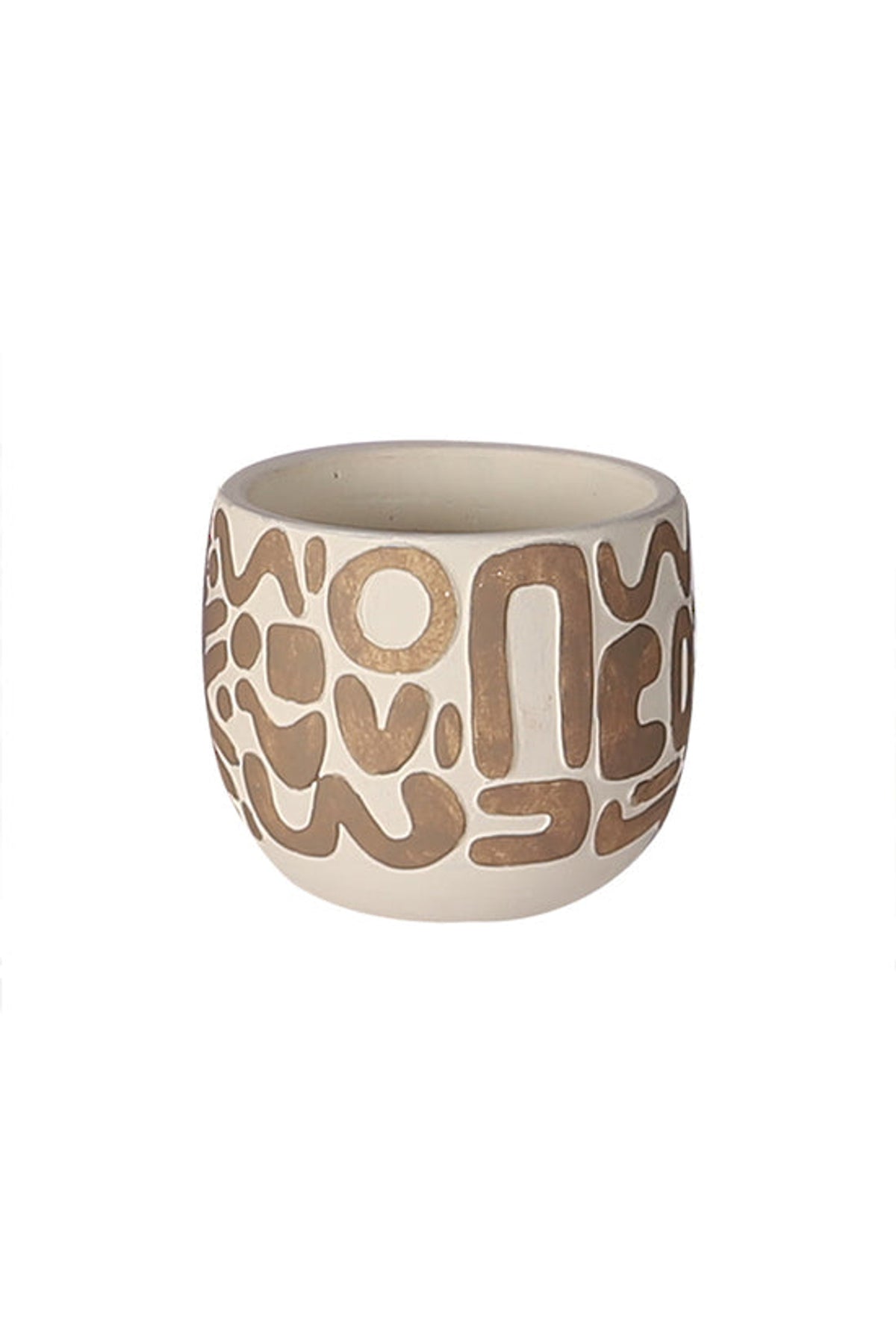 Small Lana planter in cream with the same hand-painted brown abstract motif across the body