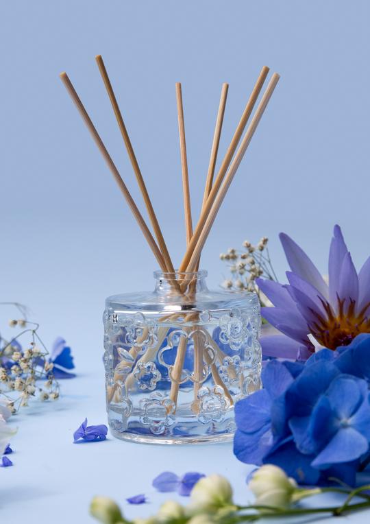 The Aromatherapy Co FLWR Diffuser - FORGET ME NOT with warm vanilla bean on a blue background.