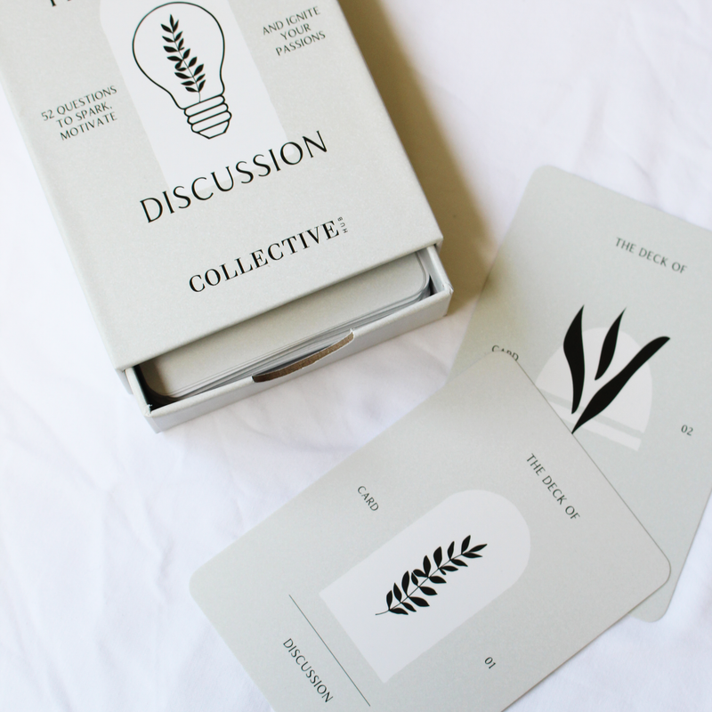 A Deck of Discussion by Collective Hub, with interesting discussions written on them, perfect for sparking business conversation starters and encouraging thinking outside the box.
