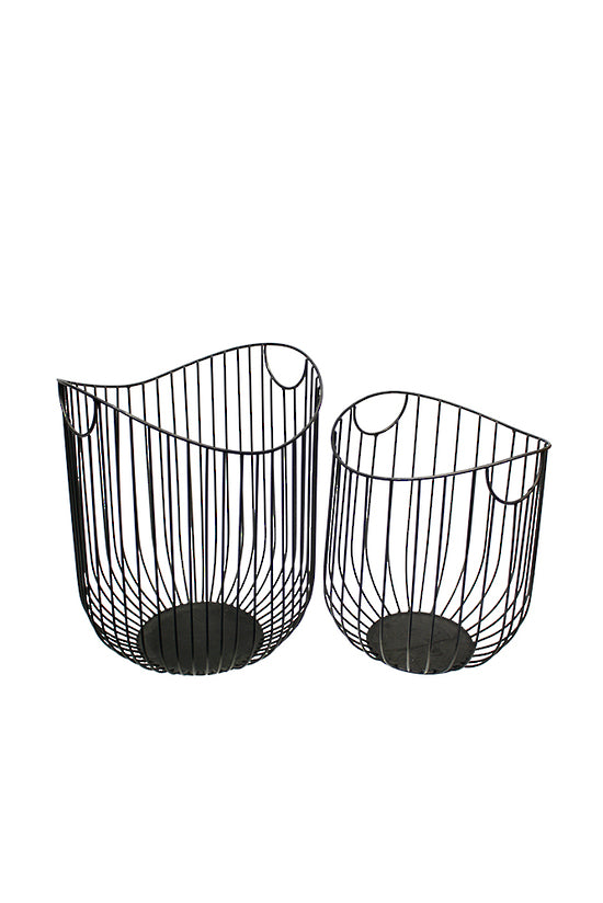 Limited edition set of 2 BOVI HOME black metal baskets on a white background, by Flux Home.